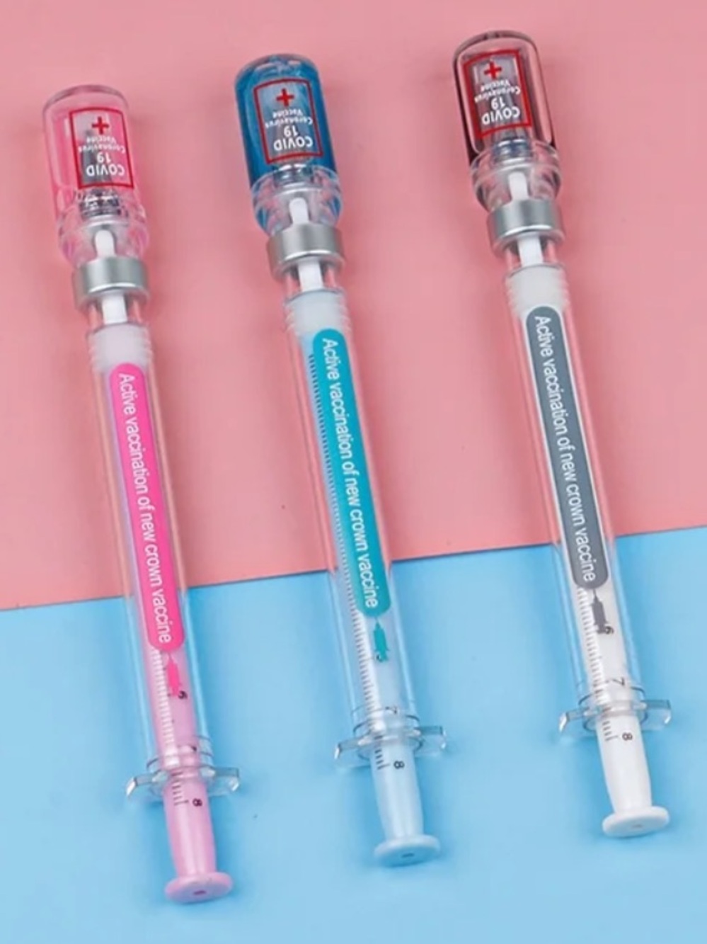 Novelty Vaccine rollerball pens. 3pack Pink, Blue, Gray
